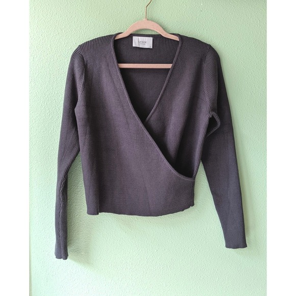 Legoe Heritage Tops - LEGOE HERITAGE Grey Ribbed Knit Breastfeeding Wrap Front Long Sleeve Sweater Top